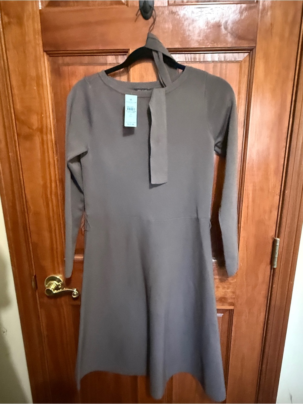 NWT! Ann Taylor Factory Taupe Long-Sleeve Tie-Neck A-Line Dress
